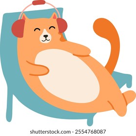 Cartoon ginger cat wearing headphones is relaxing and enjoying music while lying on a comfortable chaise lounge, creating a cozy and playful scene