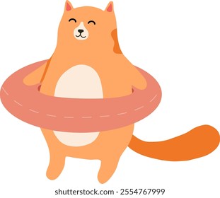 Cartoon ginger cat wearing inflatable ring, preparing for swimming, isolated on white background, vector illustration for children book, greeting card, sticker, poster