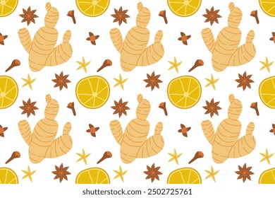 Cartoon ginger , clove and anise star whole and slice seamless pattern for print design. Healthy food background. Decorative graphic element. Asian spice root