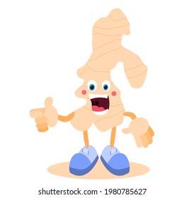 Cartoon ginger. Ginger root with face, arms and legs. Healthy and nutritious food. Vector image.	
