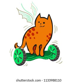 A cartoon ginger spotted cat with with ghost wings on a gyroscope. Vector illustration from a series Funny cats.
