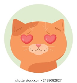 Cartoon ginger tabby cat with hearts in eyes. Cat in love. Vector illustration