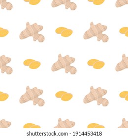 Cartoon ginger whole and slice seamless pattern for print design. Healthy food background. Decorative graphic element. Asian spice root
