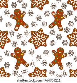 Cartoon gingerbread candy seamless pattern on white background with christmas gingerman and snowflake. Vector illustration.