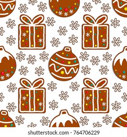Cartoon gingerbread candy seamless pattern on white background with christmas toy and gift box. Vector illustration.