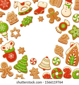 Cartoon gingerbread cookies for celebration design. Merry Christmas vector backgrounds. Delicious homemade pastries. Winter holiday illustration