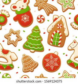 Cartoon gingerbread cookies for celebration design. Merry Christmas vector seamless pattern. Delicious homemade pastries. Winter holiday illustration