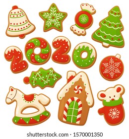 Cartoon gingerbread cookies for celebration design. Christmas vector elements for illustration, cards, banners and holiday backgrounds. Delicious homemade cookies. New year symbol