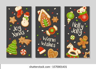 Cartoon gingerbread cookies for celebration design. Merry Christmas vector banners. Delicious homemade pastries. WInter holiday illustrations