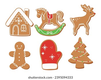 Cartoon gingerbread cookies for celebration design. Christmas vector elements for illustration, cards, banners and holiday backgrounds. Delicious homemade cookies. Festive decorations