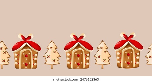 Cartoon gingerbread cookies for celebration design. Seamless border. Christmas vector elements for illustration, cards, banners and holiday backgrounds. Delicious homemade cookies. Festive decorations