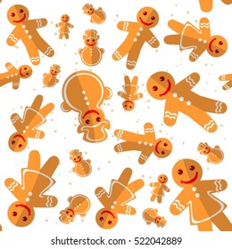 Cartoon gingerbread cookies isolated on white background. Christmas characters. Seamless pattern. Background for textile or banners. Xmas vector background.