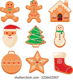 Cartoon gingerbread cookies set. Christmas vector elements for illustration, cards, banners and holiday backgrounds. Delicious homemade cookies. 