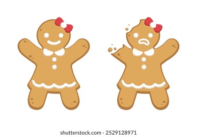 Galletas de la muchacha del jengibre de la historieta enteras y con la mordida de la cabeza. Ilustración vectorial de galletas de Navidades divertidas.