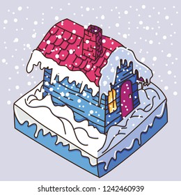 Cartoon Gingerbread House with Pink Roof, Illustration, Vector, Isometric