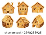 Cartoon gingerbread houses. Gingerbreads house, biscuit buildings cooking ginger bread icing candy cookie for christmas holiday, sugar sweet decoration vector illustration of house gingerbread