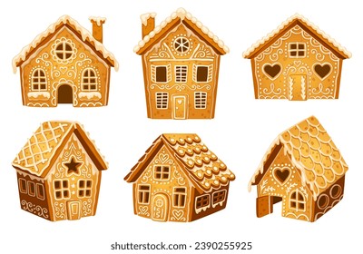 Cartoon gingerbread houses. Gingerbreads house, biscuit buildings cooking ginger bread icing candy cookie for christmas holiday, sugar sweet decoration vector illustration of house gingerbread