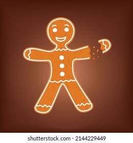 Cartoon Gingerbread Man With Bite Or Broken Missing Arm. Funny Christmas Cookie Vector Illustration