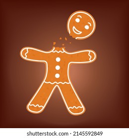 Cartoon Gingerbread Man With Bite Or Broken Missing Head. Funny Christmas Cookie Vector Illustration