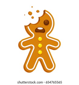 Cartoon Gingerbread Man With Bite Missing. Funny Christmas Cookie Vector Illustration.