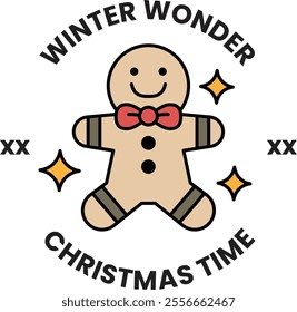 A cartoon gingerbread man with a bow tie and a smile on his face. The image is titled Winter Wonder Christmas Time