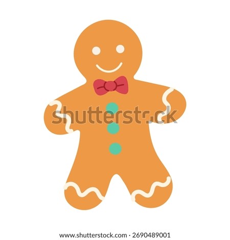A cartoon gingerbread man with a bow tie and a smile on his face. He is wearing a green and blue vest