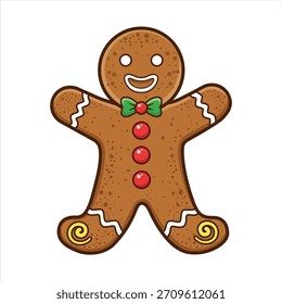 Cartoon Gingerbread Man Cookie with White Icing and Red Buttons. Christmas Holiday Vector Illustration