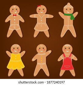 Cartoon gingerbread man cookies set. Traditional Sweet Christmas Gingerbread Cookie.  Christmas and New Year symbol. Smiling gingerbread man. Vector illustration