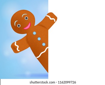 Cartoon gingerbread man looks out of a sheet of paper. Vector illustration