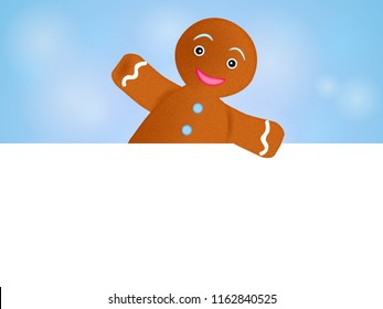 Cartoon gingerbread man looks out of a sheet of paper. Vector illustration