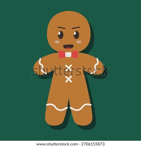 A cartoon gingerbread man with a red bow tie and a frowning face