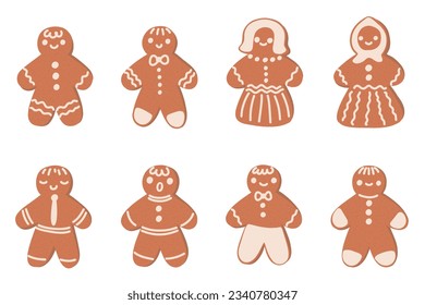 Cartoon gingerbread man set. Christmas new year ginger cookie in the shape of a person. Brown pepper cake for the holiday. Glazed men. Vector flat cartoon illustration isolated on white background.