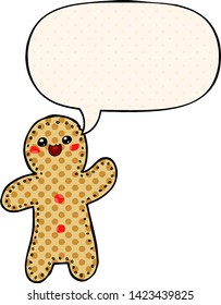 cartoon gingerbread man with speech bubble in comic book style