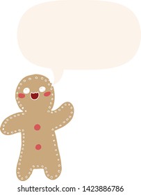 cartoon gingerbread man with speech bubble in retro style