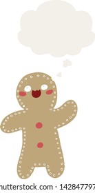 cartoon gingerbread man with thought bubble in retro style