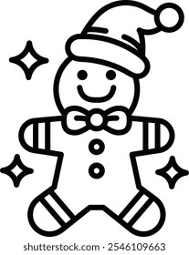 A cartoon gingerbread man wearing a hat and a bow tie