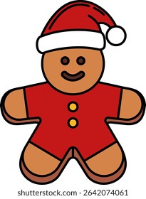 A cartoon gingerbread man wearing a santa costumes