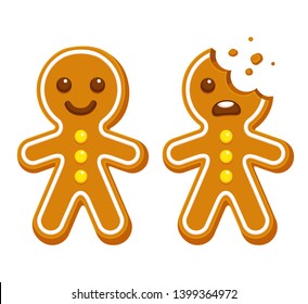 Cartoon gingerbread man whole and with head bite. Funny Christmas cookie vector illustration.