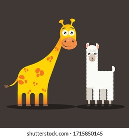Cartoon Girafee and Lama, vector illustration, isolated on background