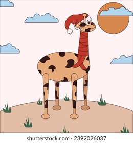 
Cartoon Giraffe in Africa landscape in Santa red hat. Design Christmas card cover with cute weird animal in scarf. Vector illustration can used, web posters, background, banner and t-shirt print.