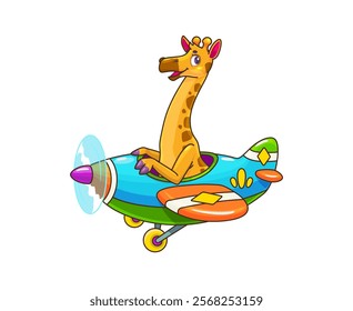 Cartoon giraffe animal kid flying on plane, baby character airplane pilot ready to embark on exciting airborne adventure with friendly smile. Isolated vector adorable african personage flying in skies