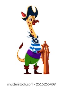 Cartoon girafa animal pirata capitão ou capitão corsário no navio leme, caráter vetorial. Engraçado girafa como pirata caribenho ou marinheiro marinheiro em tricorne chapéu com caveiras bandana no volante