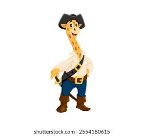 Cartoon giraffe animal pirate and corsair character. Isolated vector personage wearing captain hat, cheerful expression and holds a sword in a belt strap across its chest, conveying adventurous spirit