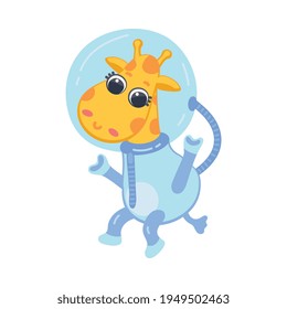 Cartoon giraffe astronaut, cute animal in space suit travel in universe.