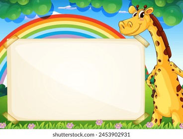 Cartoon giraffe beside a blank sign, colorful background.