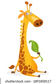 Cartoon giraffe character. Vector illustration funny giraffe eating a leaf and smiling. Great for sticker print or design
