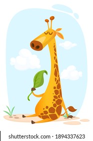 Cartoon giraffe character. Vector illustration funny giraffe eating a leaf and smiling. Great for sticker print or design
