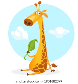 Caricatura de jirafa. Ilustración vectorial graciosa jirafa comiendo una hoja y sonriendo. Ideal para imprimir o diseñar etiquetas adhesivas
