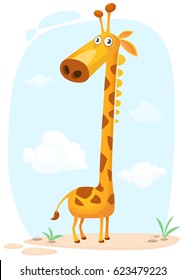 Cartoon giraffe character. Vector illustration isolated on nature background