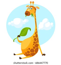 Cartoon giraffe character. Vector illustration pretty giraffe eating a leaf and smiling. Great for sticker print or design